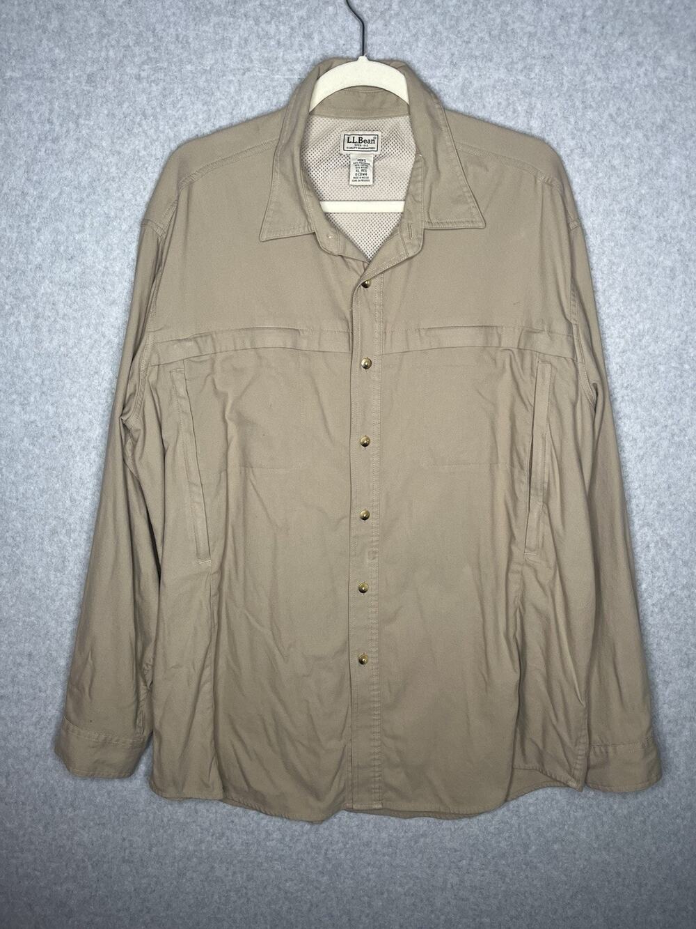 LL Bean Mens XL Tan Vented Fly Fishing Shirt Roll Tab Pockets Vintage